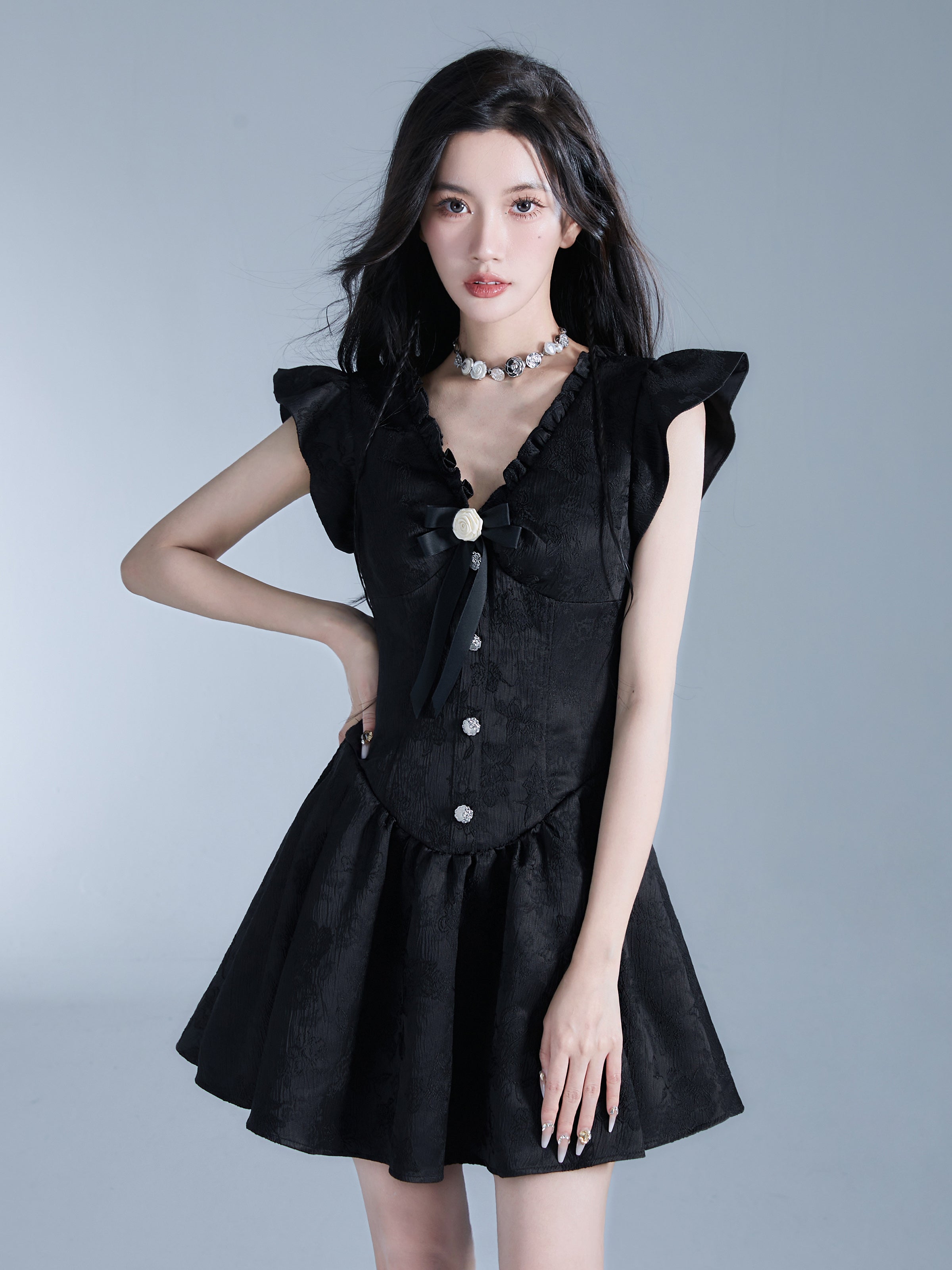 Vintage-Inspired Black Flutter Sleeve Mini Dress with Button Front