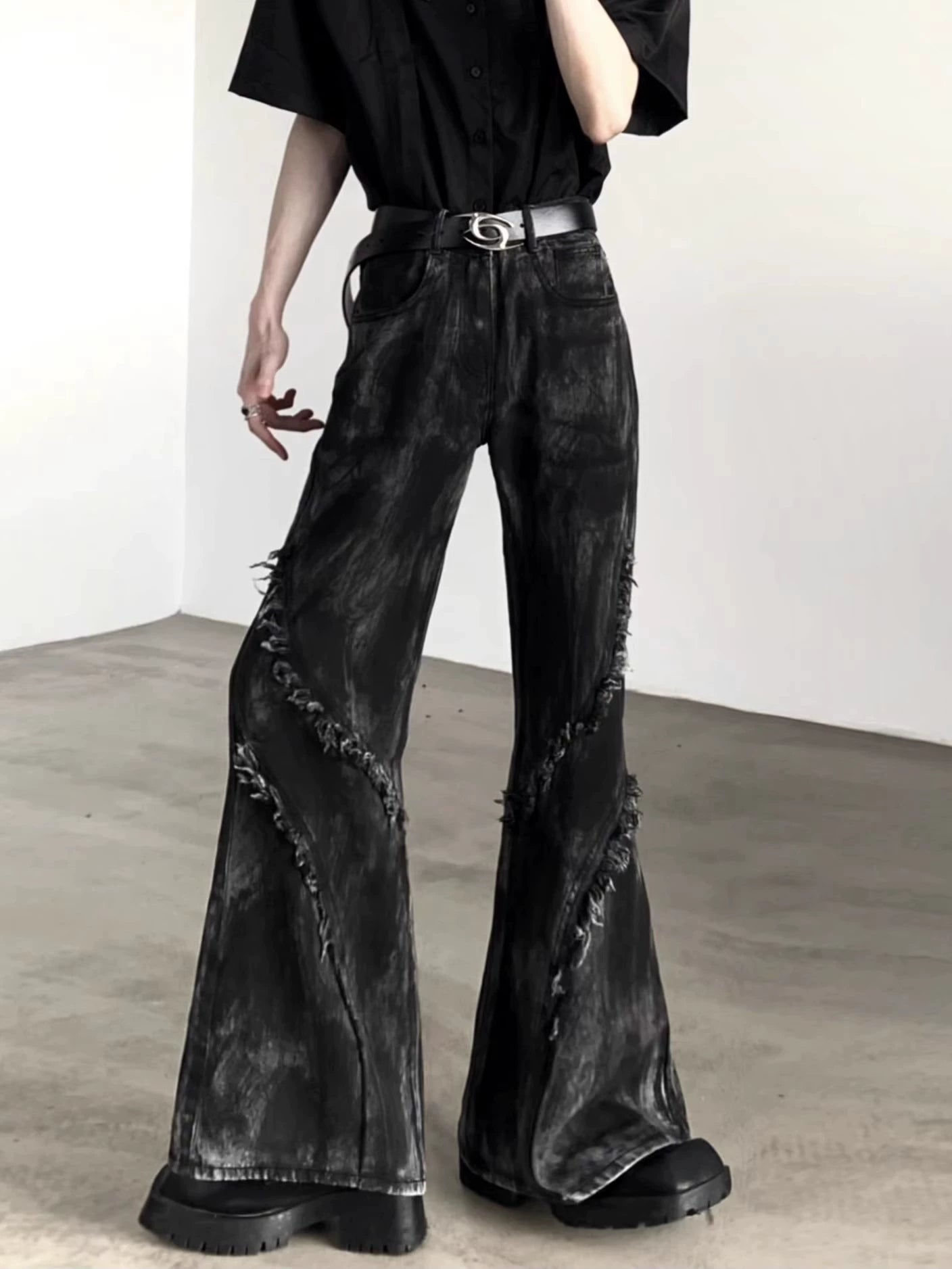 Black Distressed Flared Jeans with Frayed Seams