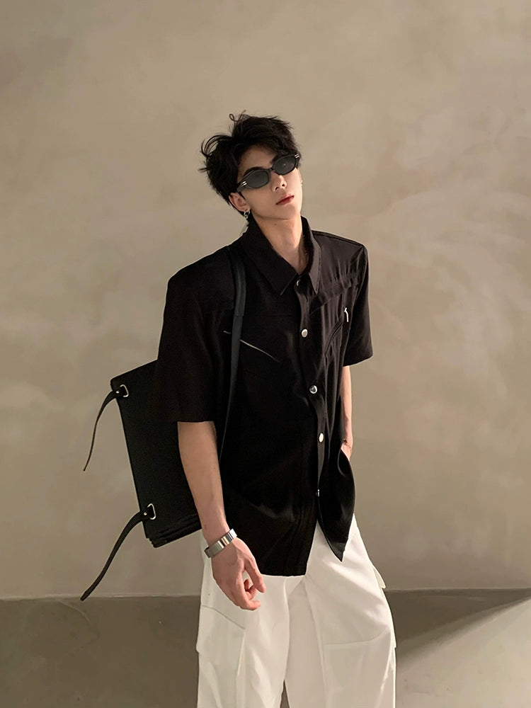 Black Short Sleeve Gem Collar Shirt