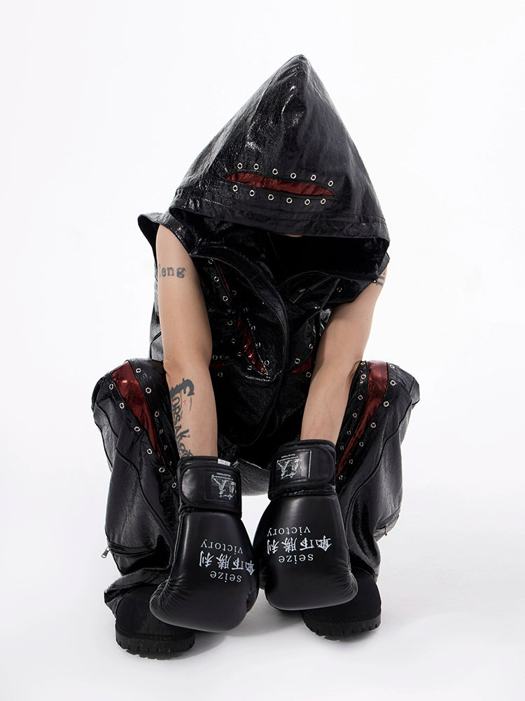 Black Hooded Faux Leather Vest