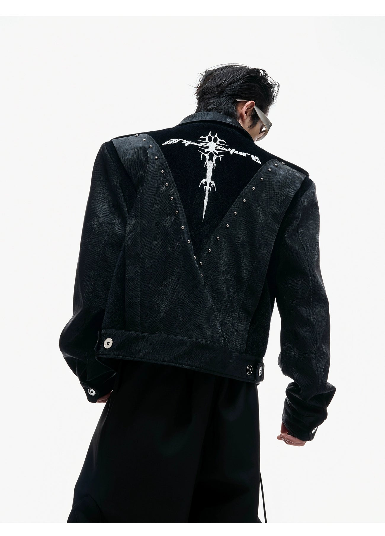 Black Studded Velvet Jacket with Graphic Back