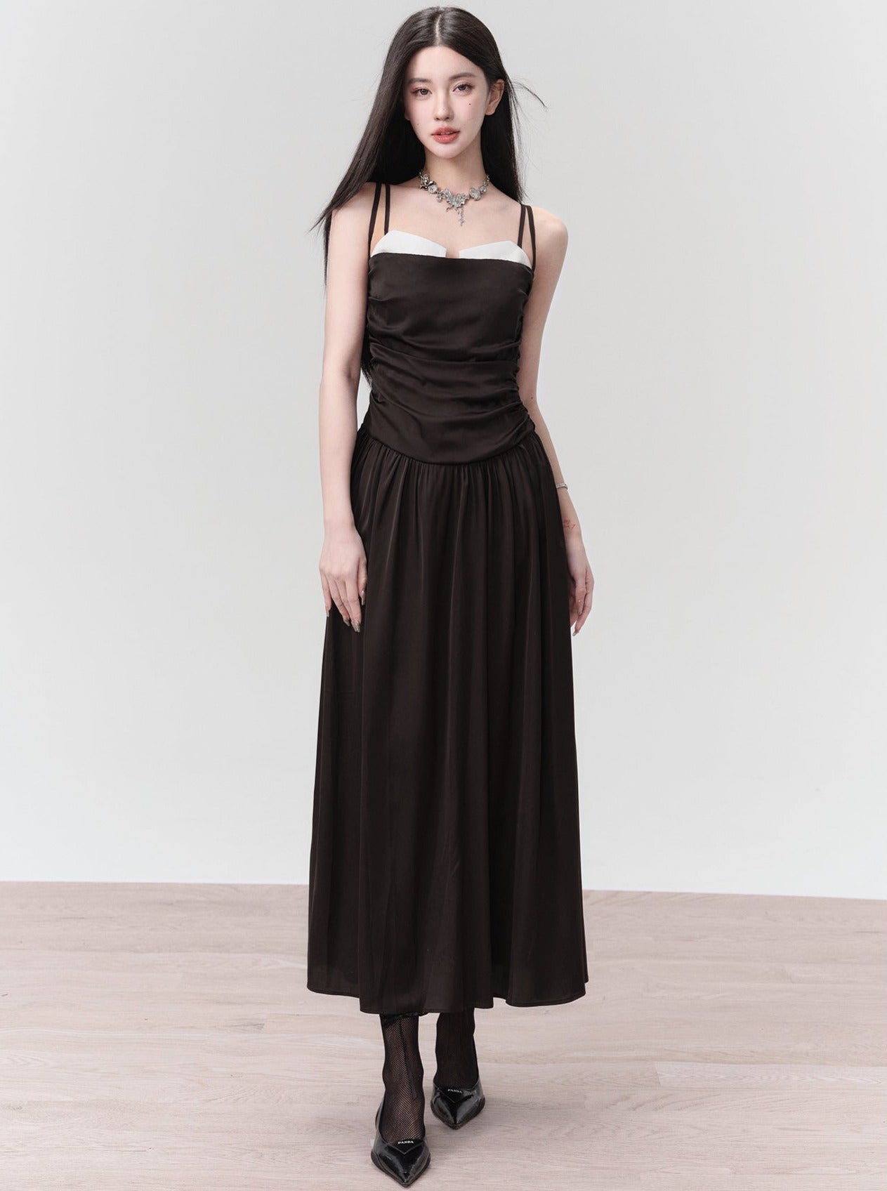 Classic Black Spaghetti Strap Midi Dress with Ruched Bodice