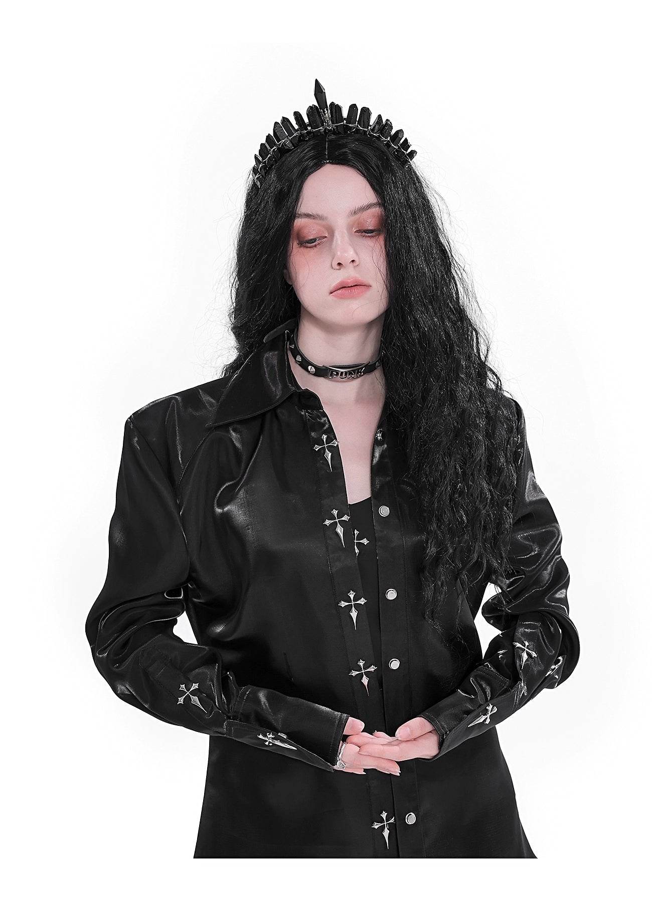 Yubaby Gothic Cross-Embroidered Satin Shirt - Long Sleeve Button-Down With Feather Trim