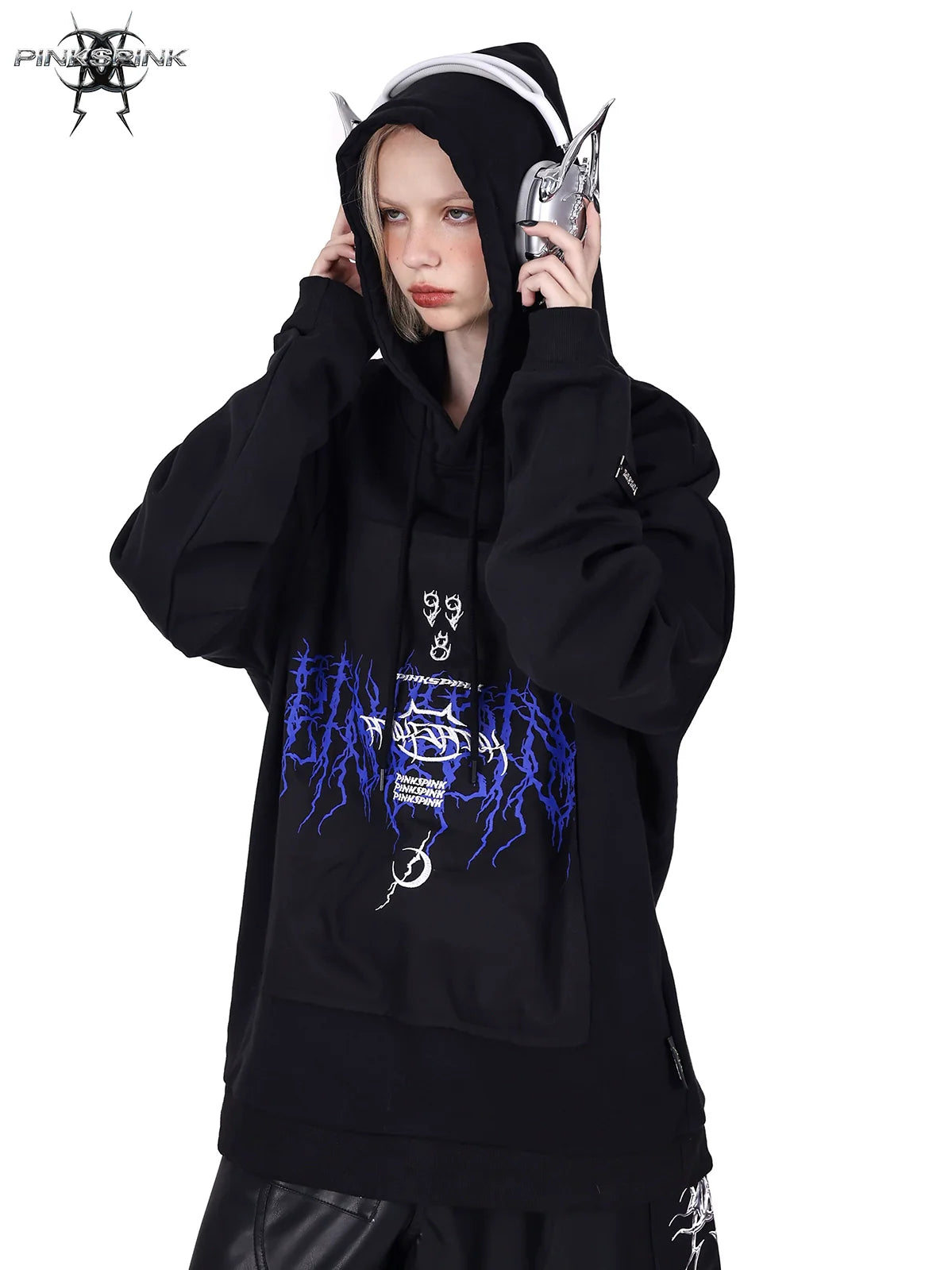 PINKSPINK Gothic Electric Hoodie - Black with Blue Accents