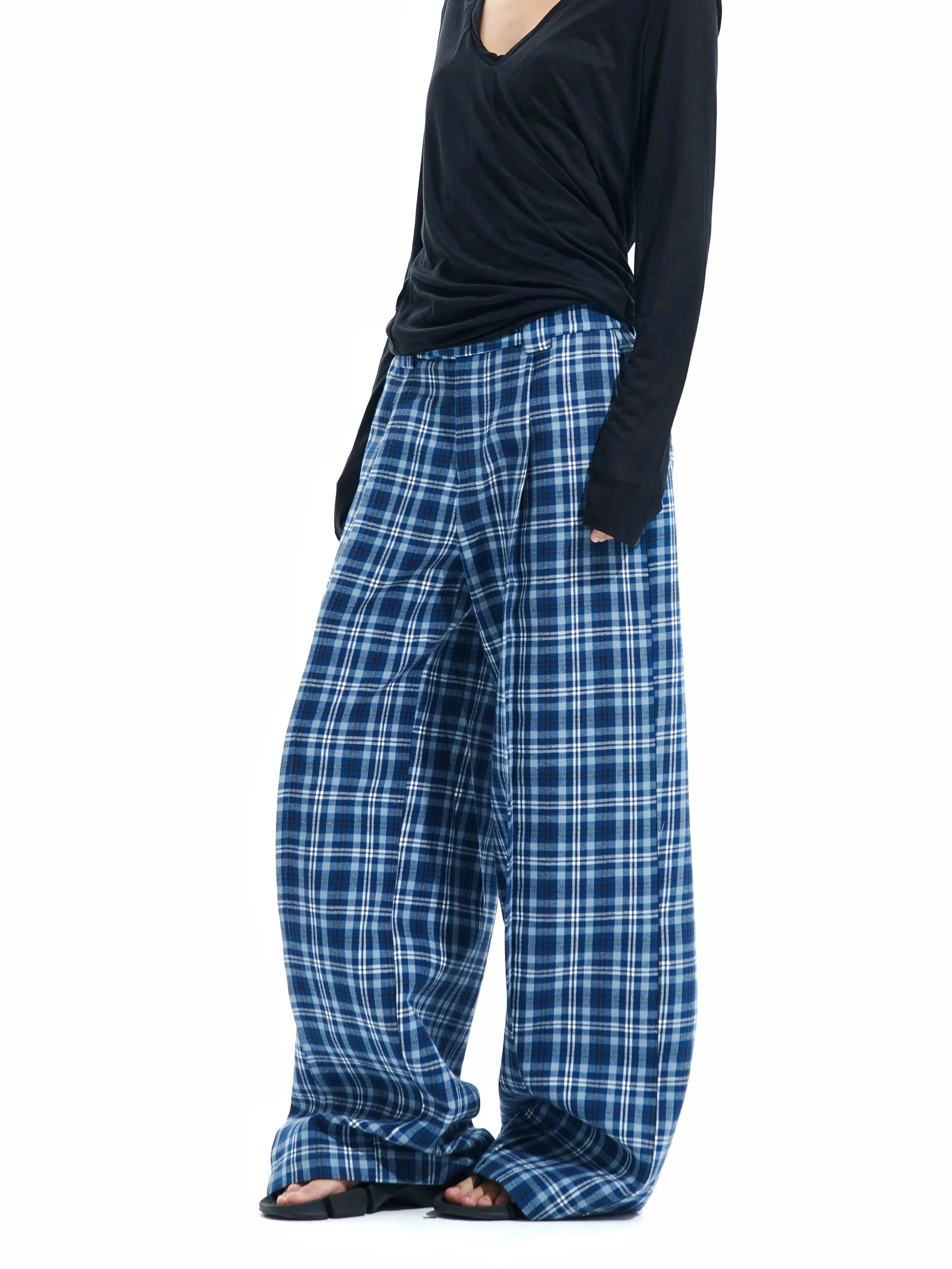 Plaid-Casu-Hosen mit weitem Bein