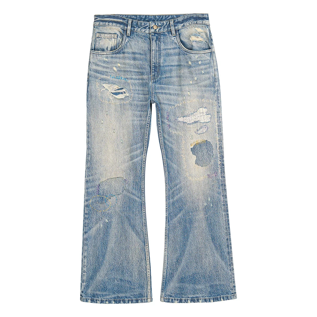 Distressed Patchwork Flared Jeans