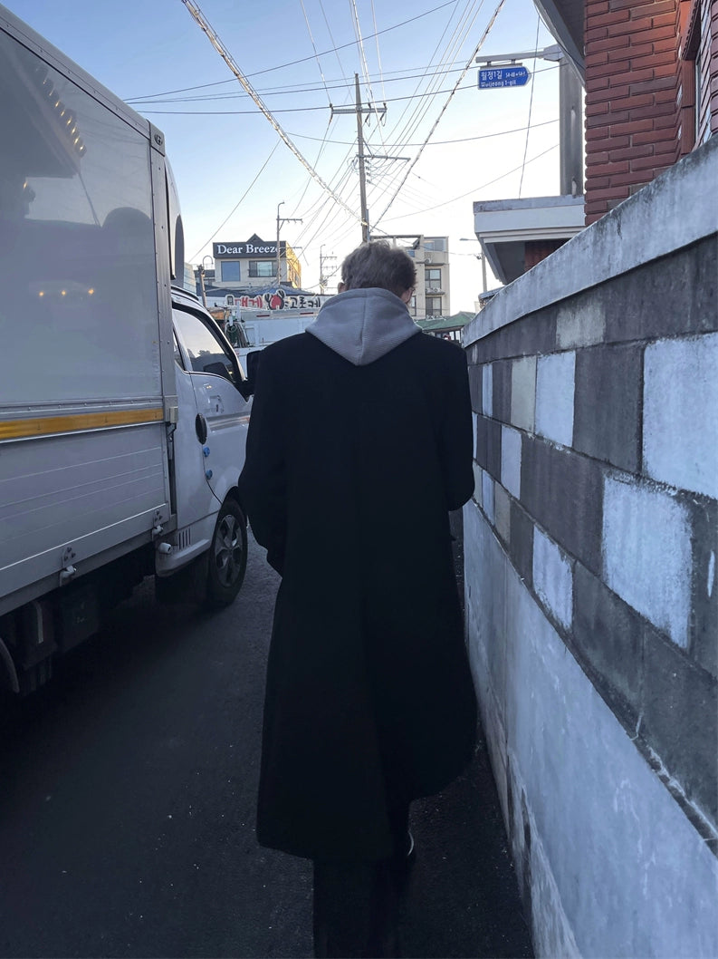 Long Black Wool Coat with Hoodie Layering