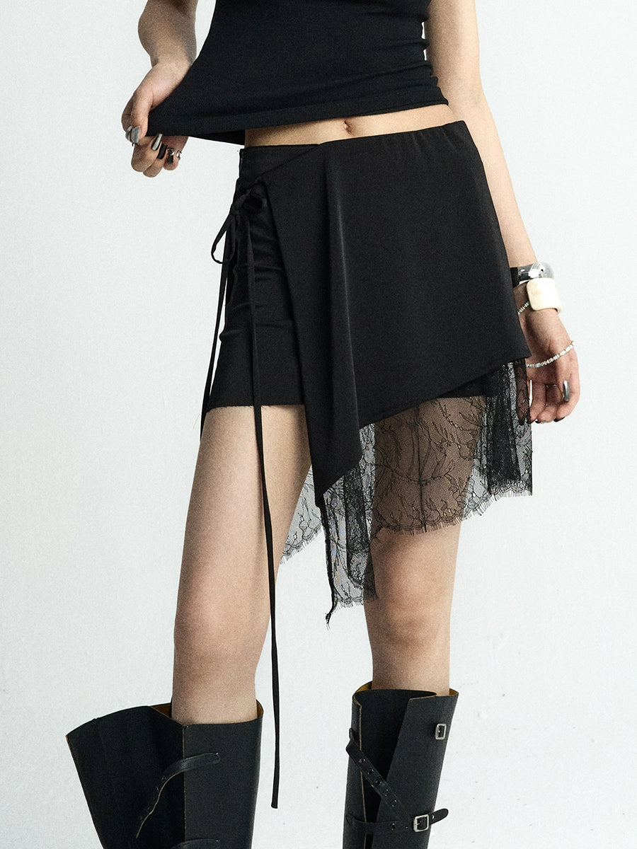 Twilight Veil Asymmetric Lace‑Hem Skirt