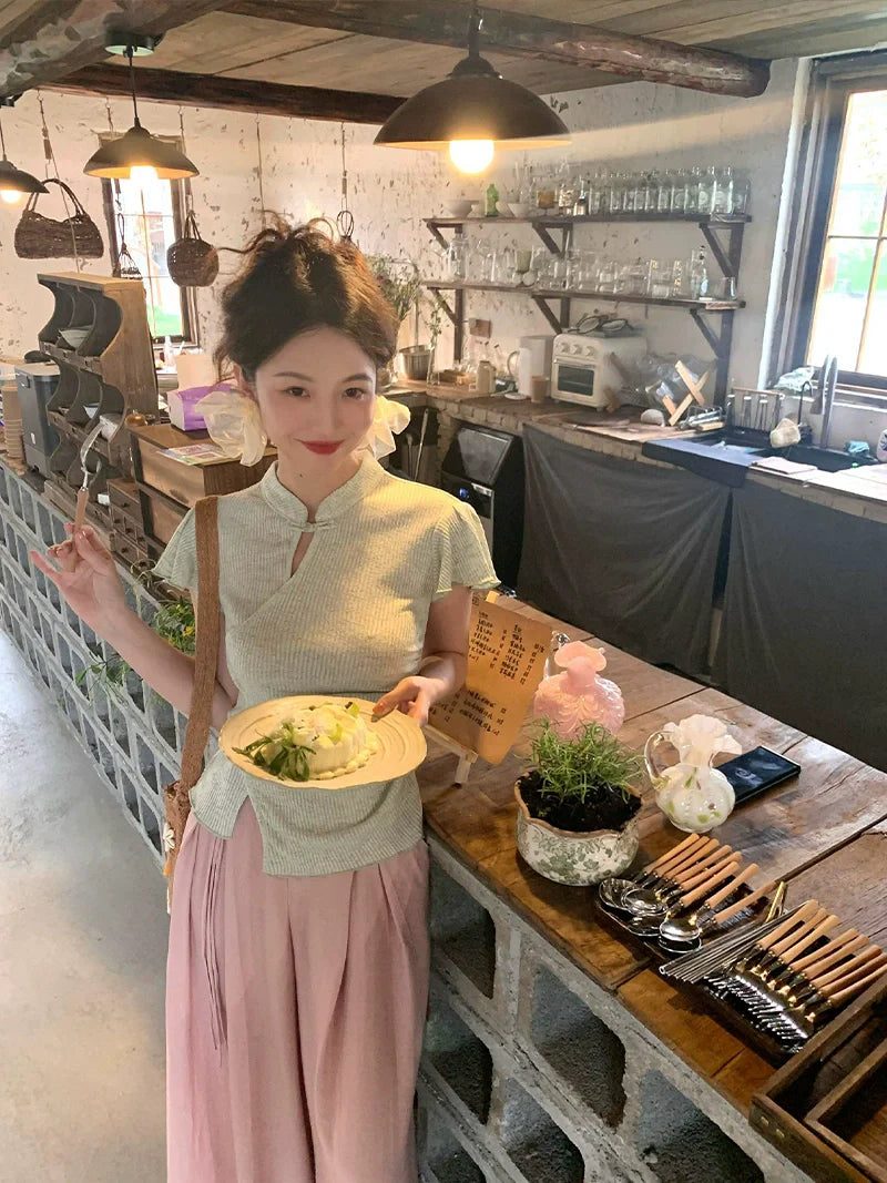 Asymmetrical Ribbed Cheongsam Top