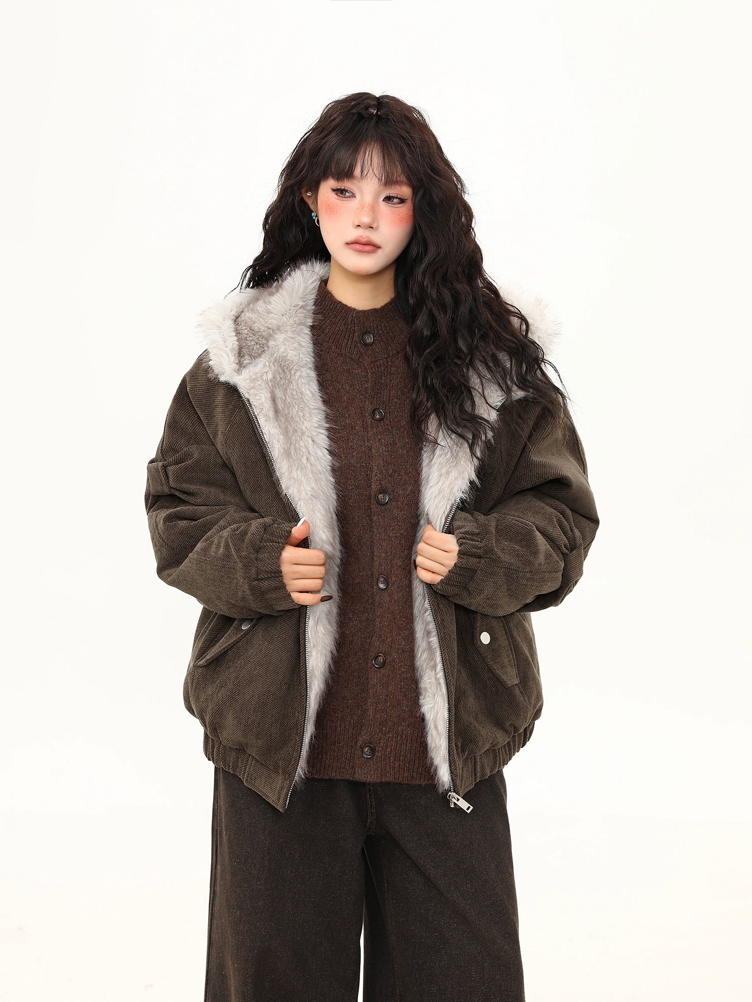 Moss Herringbone Faux Fur Collar Jacket