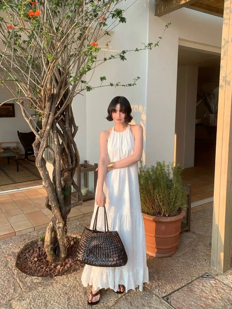 Bohemian White Eyelet Halter Maxi Dress