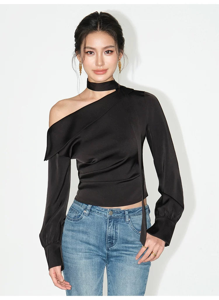 Asymmetric Choker Satin Ruched Blouse