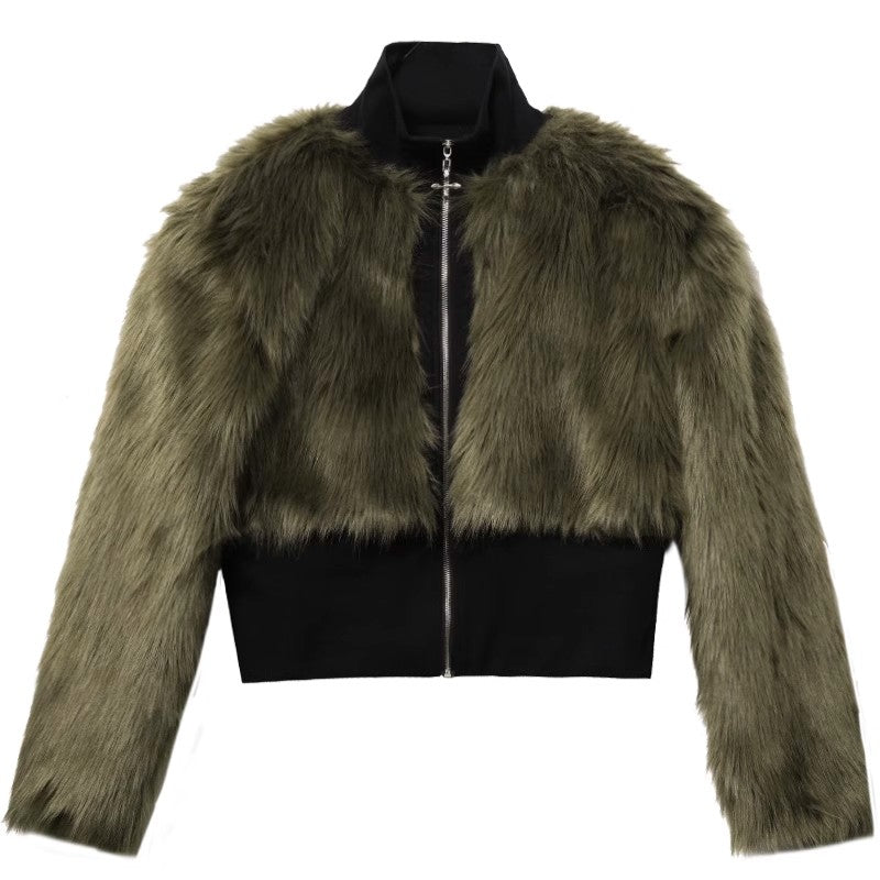 High Neck Olive Fur Panel Jacket