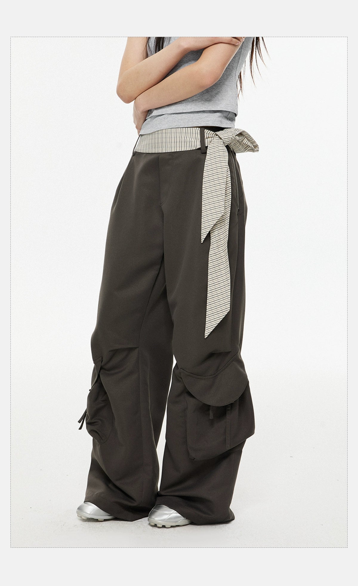 Wide-Leg Dark Cargo Pants with Striped Sash Belt