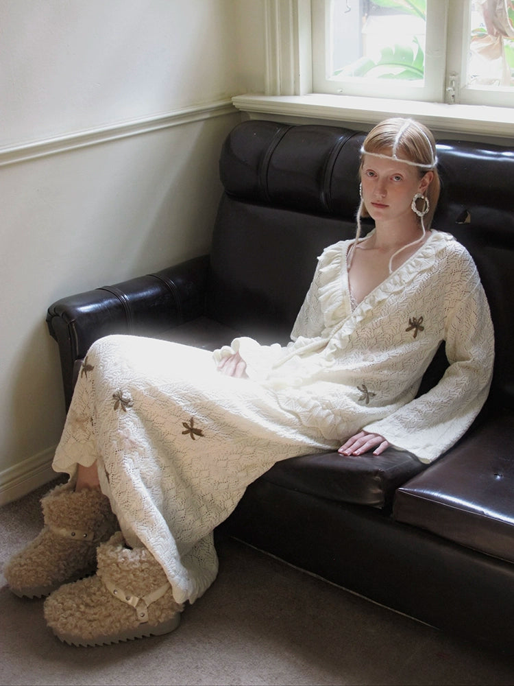 Embroidered Ruffle Trim Knit Cardigan and Skirt Setup