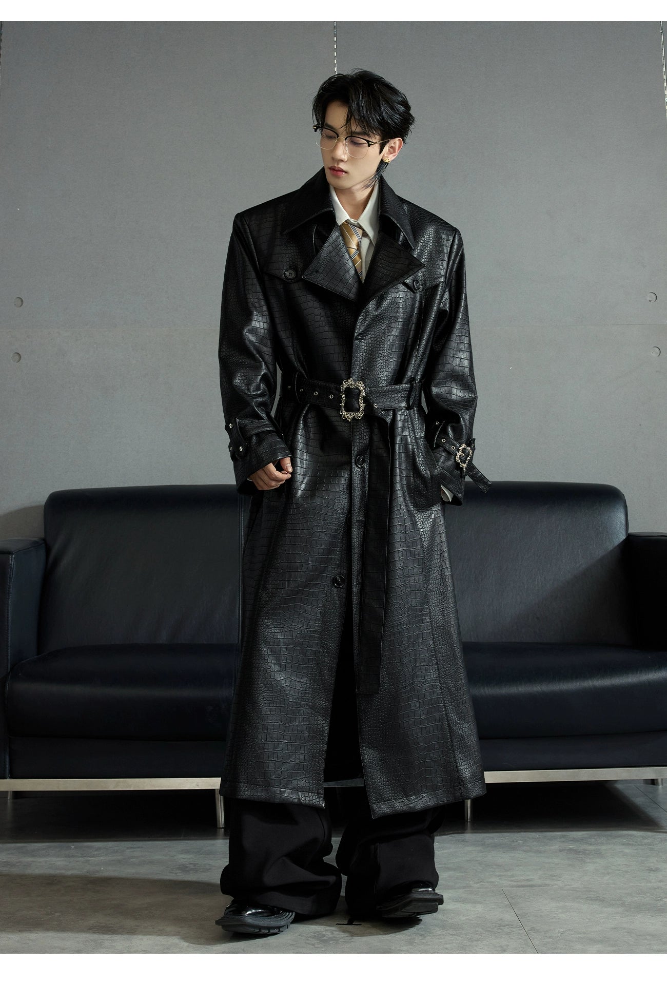 Crocodile Pattern Black Trench Coat