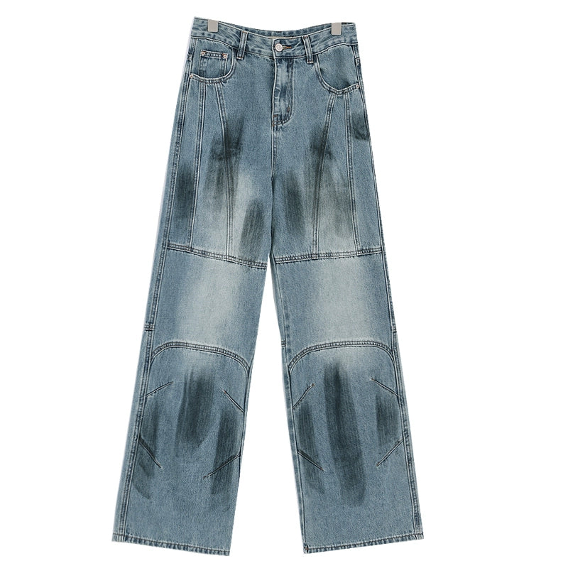 Vintage Distressed And Dirt-Dyed Patchwork Wide-Leg Jeans - chiclara