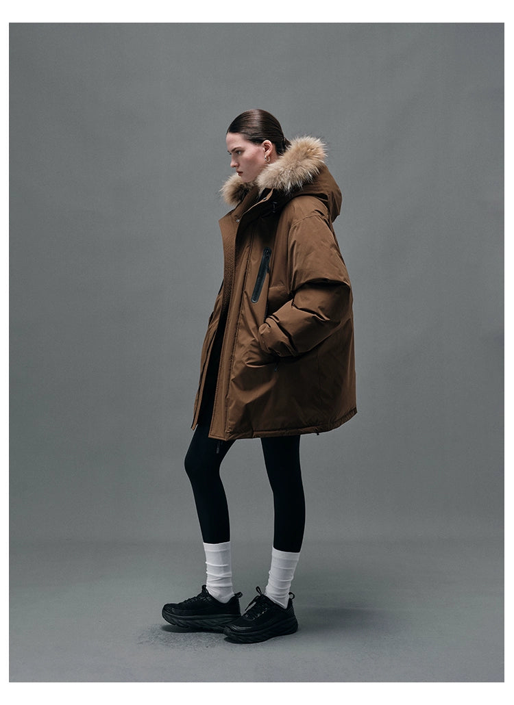 Raccoon Fur-Collar Hooded Down Coat