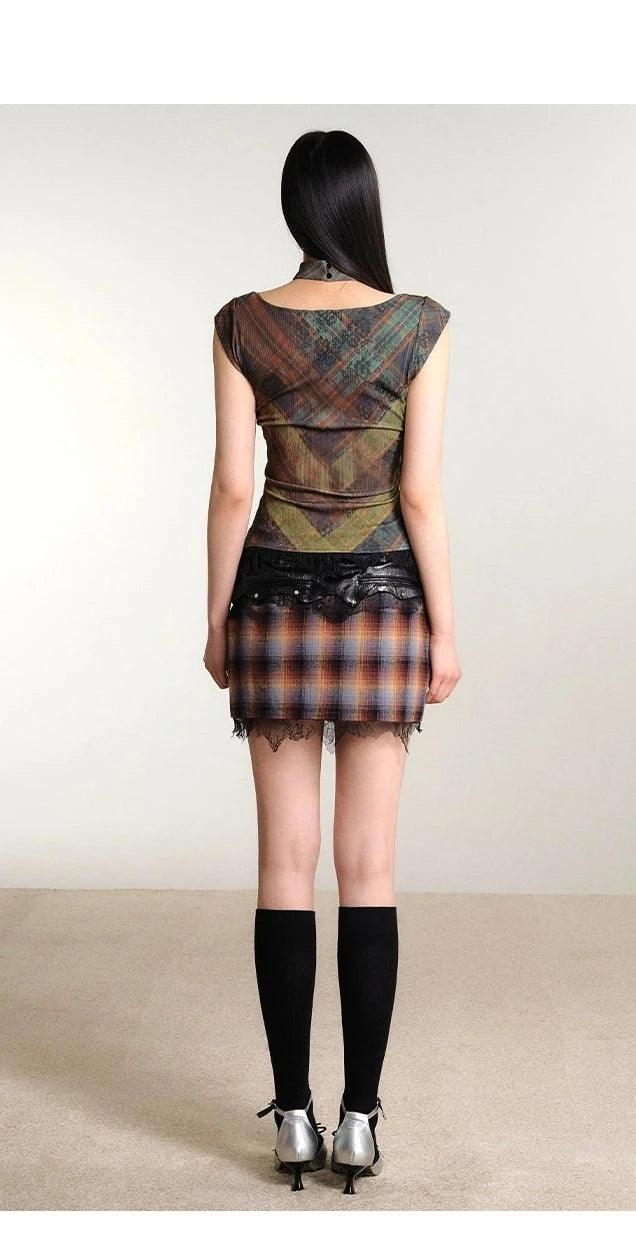 Of Akiva Vintage-Inspired Plaid Camisole Top - Women'S Sleeveless Scoop Neck Blouse With Lace Trim And Matching Choker