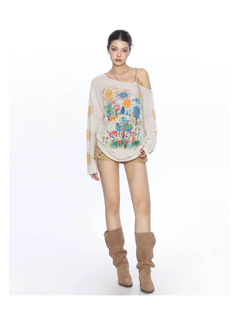 Sunlit Sketch Off-Shoulder Graphic Knit Top