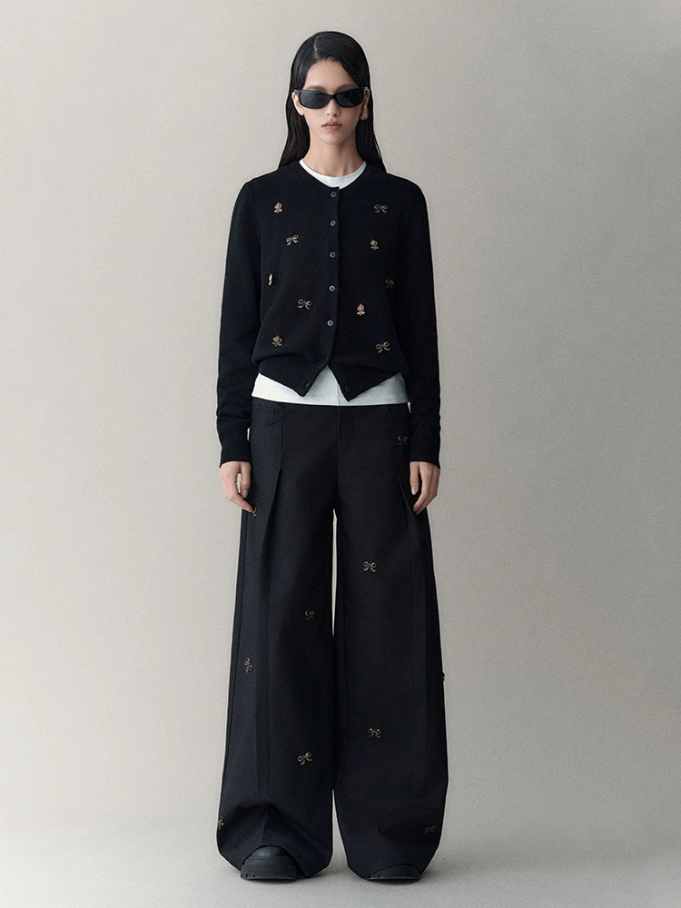 Embroidered Embellished Wide-Leg Trousers