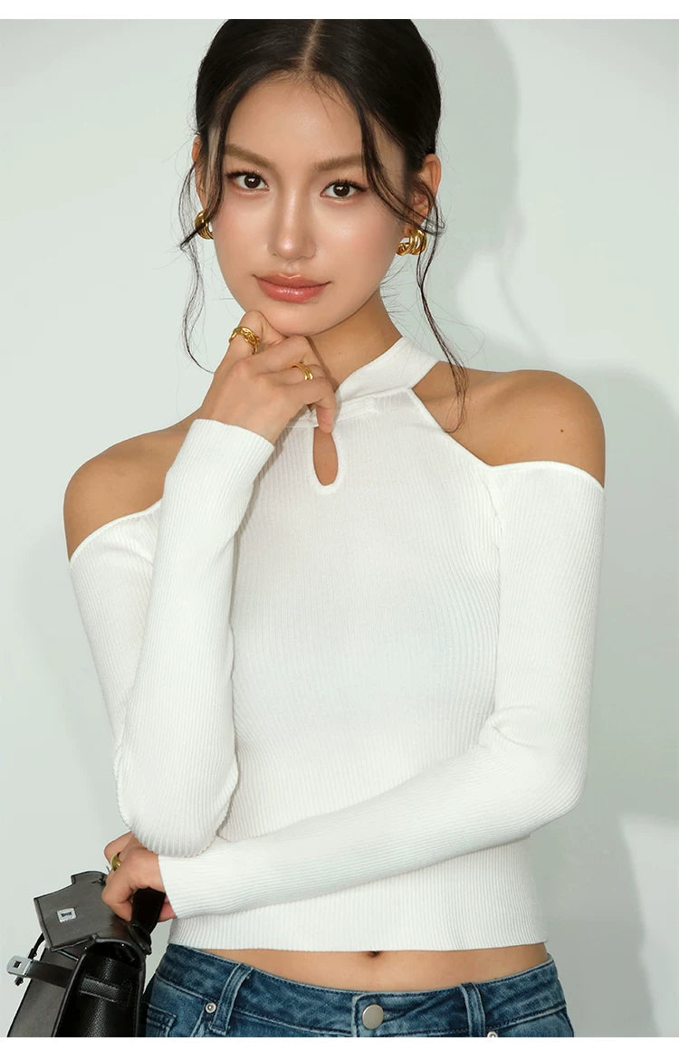 Keyhole Cutout Cold‑Shoulder Knit Top