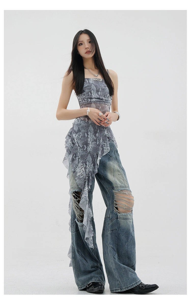 Vintage Distressed And Dirt-Dyed Patchwork Wide-Leg Jeans - chiclara