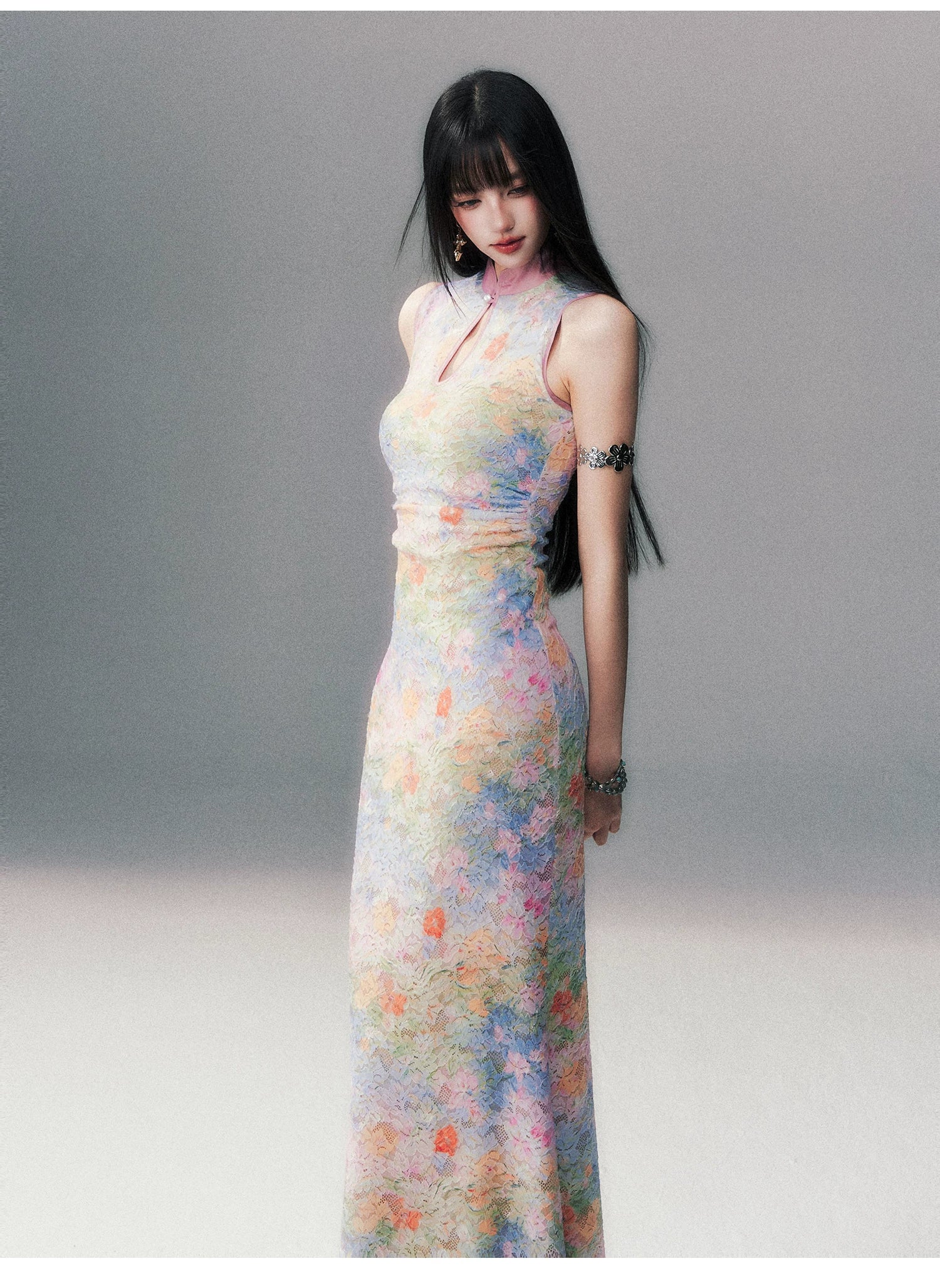 Aurora Petal Watercolor Cheongsam Maxi Dress