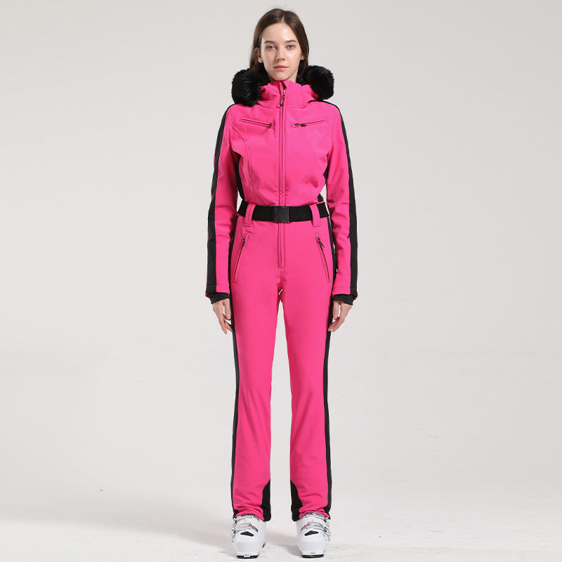 Belted One-Piece Ski Suits with Fur Hoods