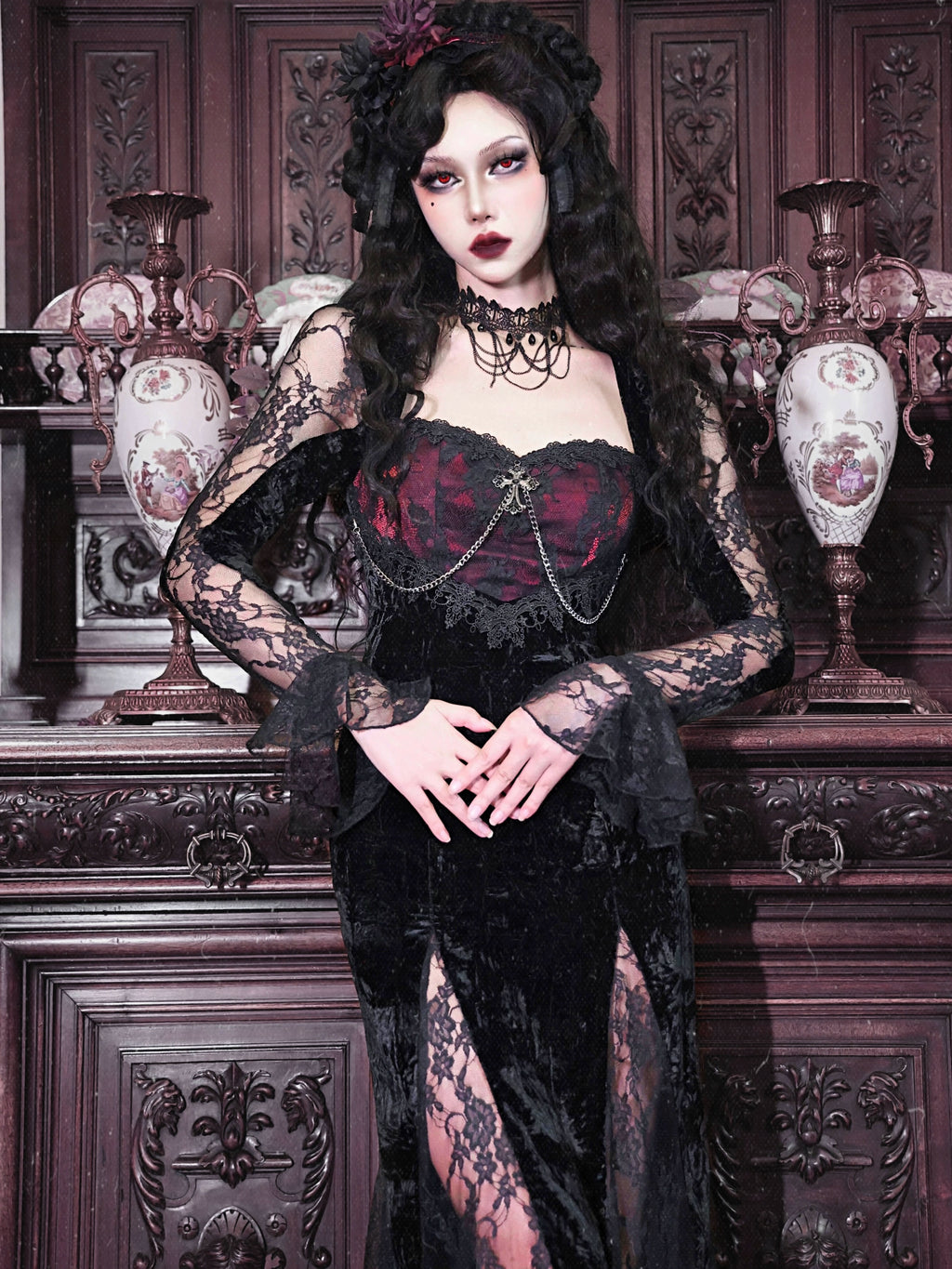Black Lace Gothic Maxi Dress Dress / M