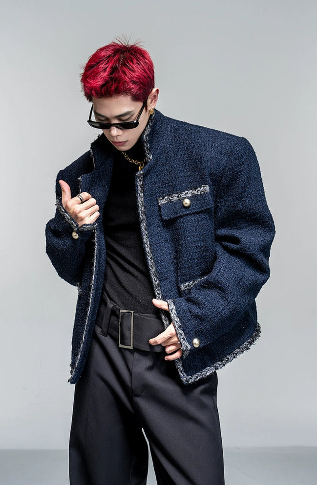 Navy Blue Tweed Cropped Jacket with Frayed Trim