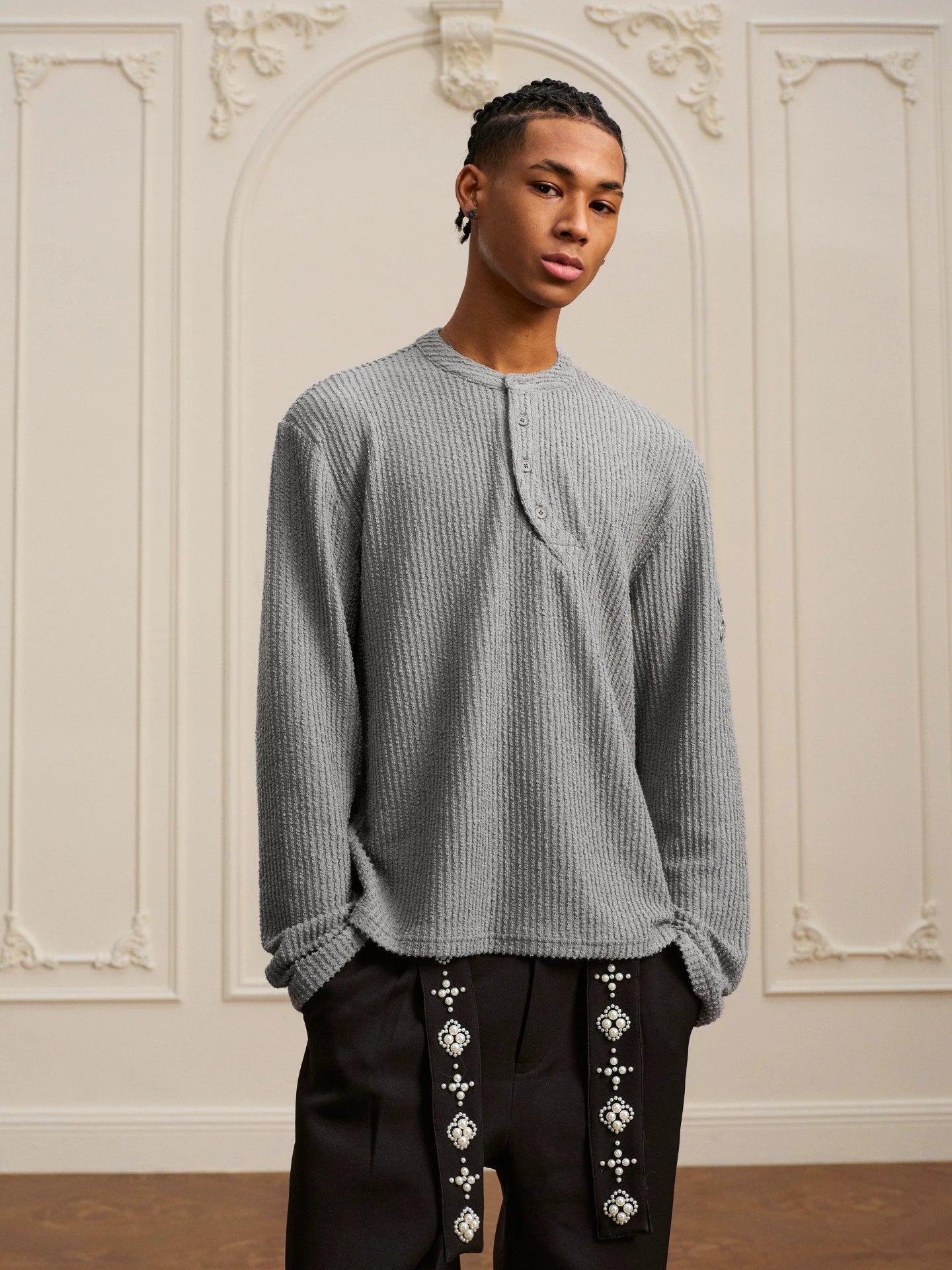 Textured Henley Long Sleeve Knit Shirt