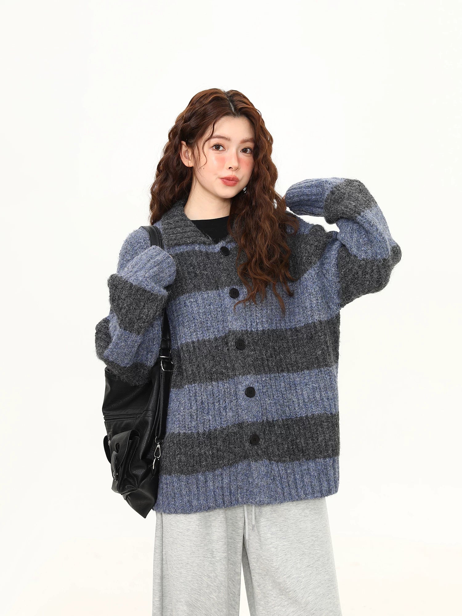 Midnight Haze Wide-Stripe Fuzzy Cardigan