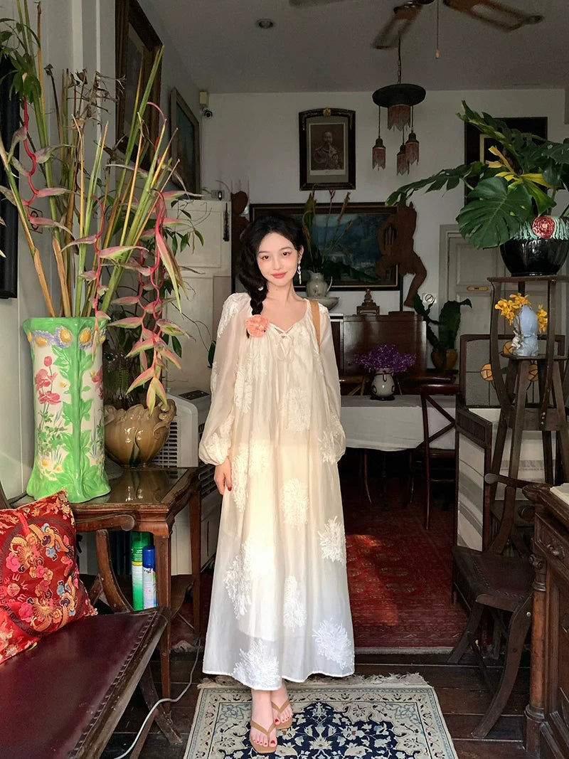 Vintage-Inspired Ivory Embroidered Long-Sleeve Maxi Dress