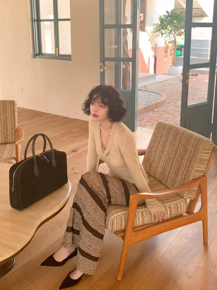 Beige and Black Striped Textured Maxi Skirt