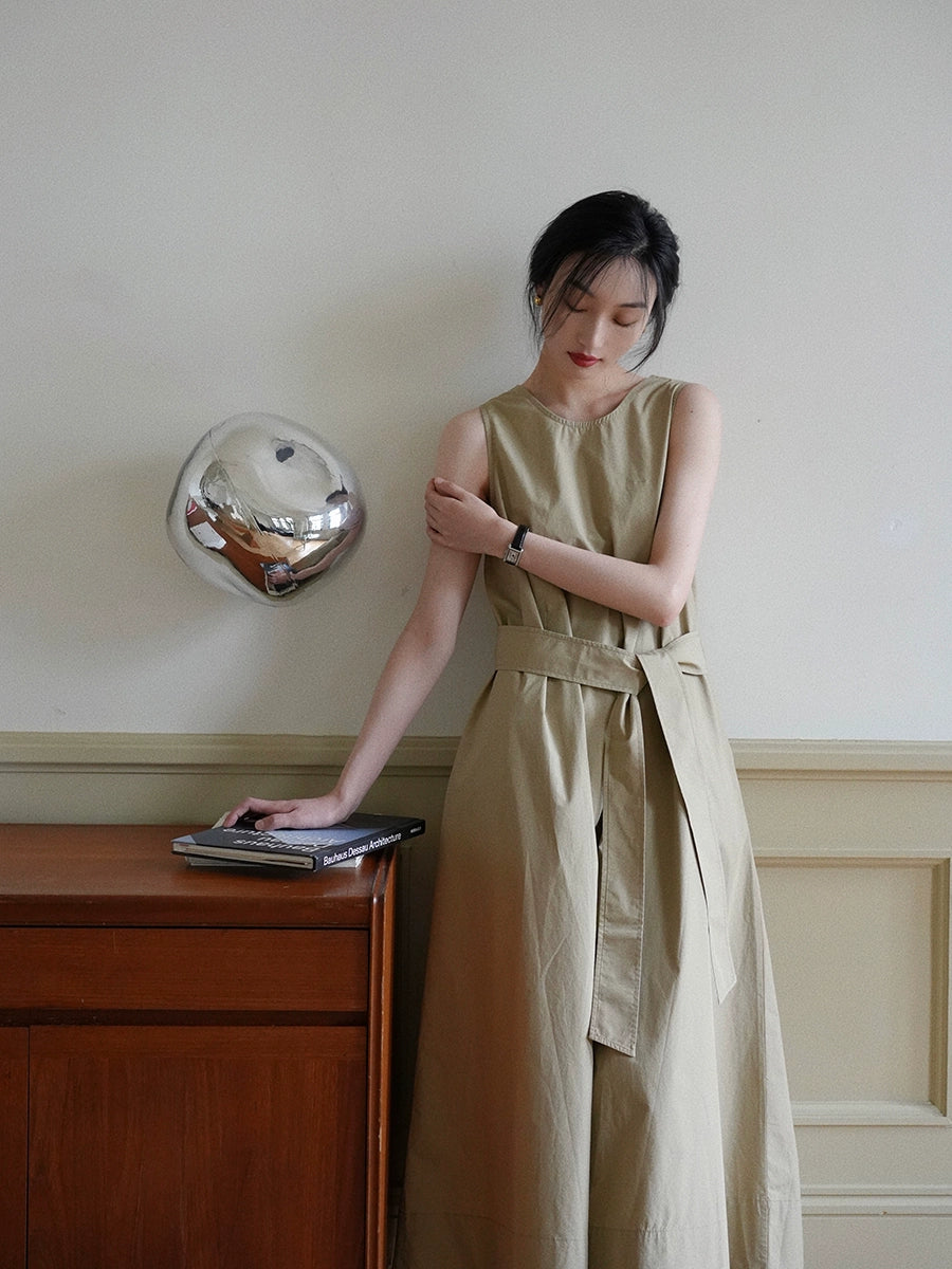 Sleeveless Khaki Belted Maxi Dress