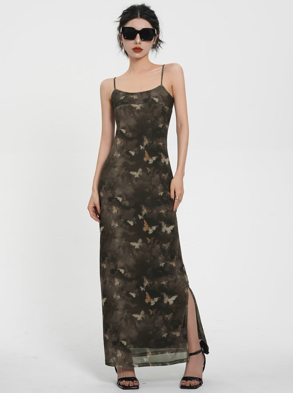 Camouflage Print Maxi Slip Dress - Spaghetti Strap Side Slit Camo Gown