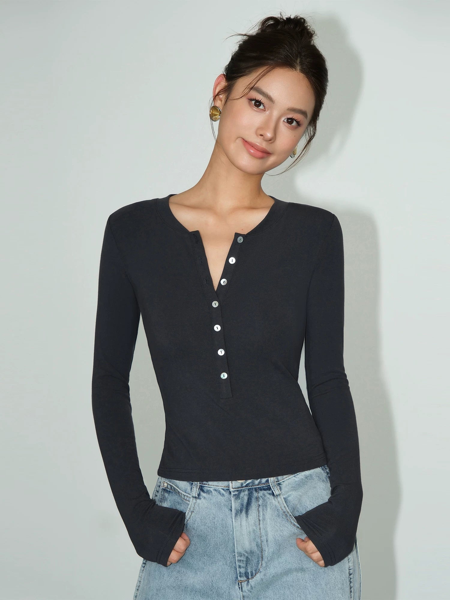 Slim Ribbed Buttoned Henley Tops