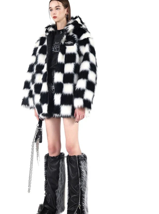 PINKSPINK Checkered Faux Fur Jacket - Black and White