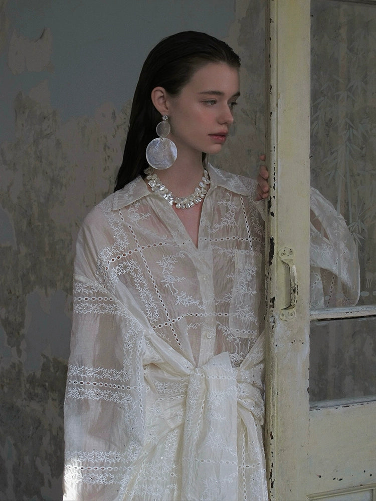 Sheer Lace Embroidered Shirt Dress