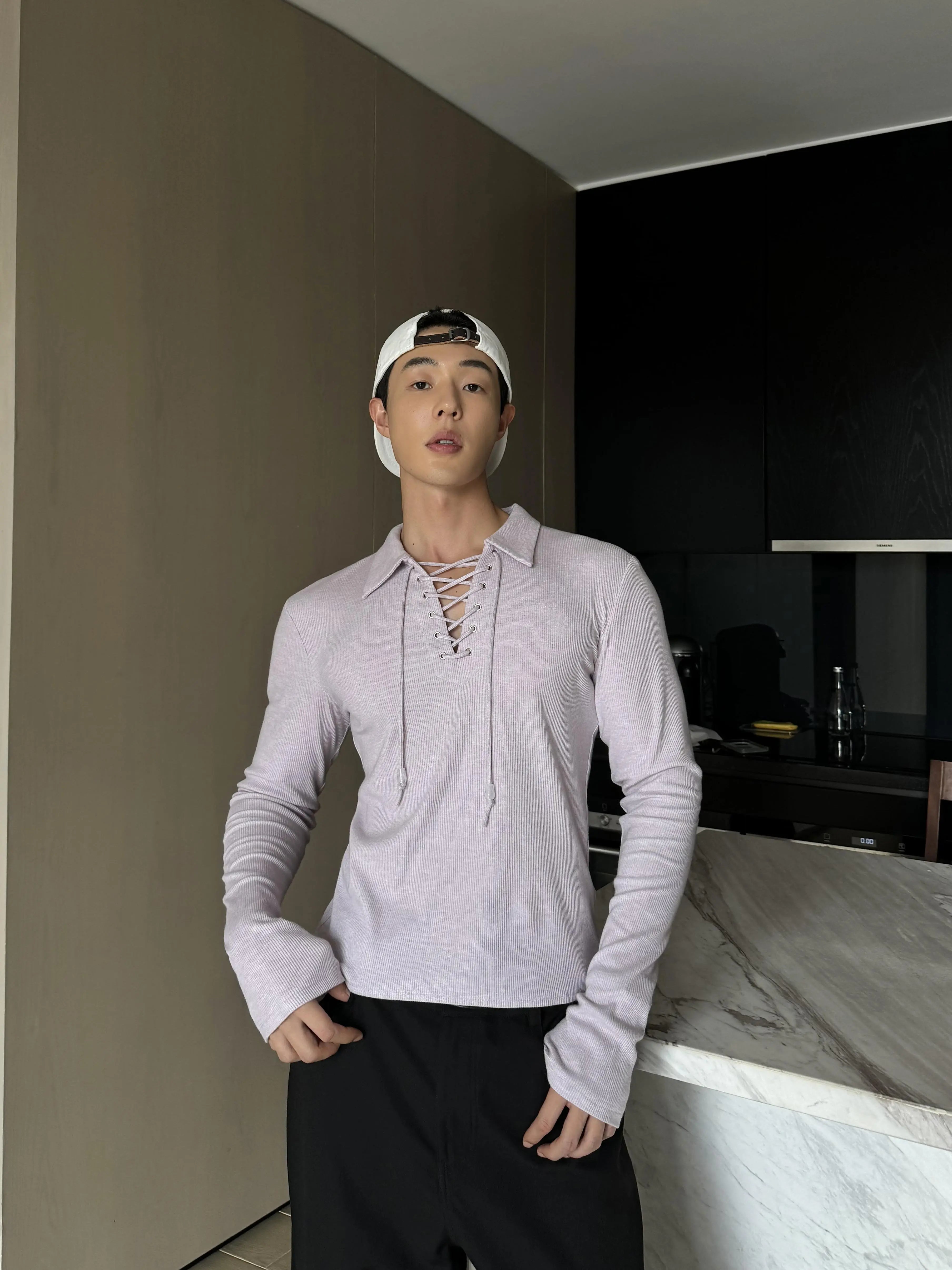 Black Lace-Up Henley Long Sleeve Shirt