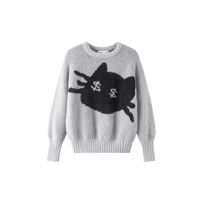 Lazy Cat Print Oversized Sweater - chiclara