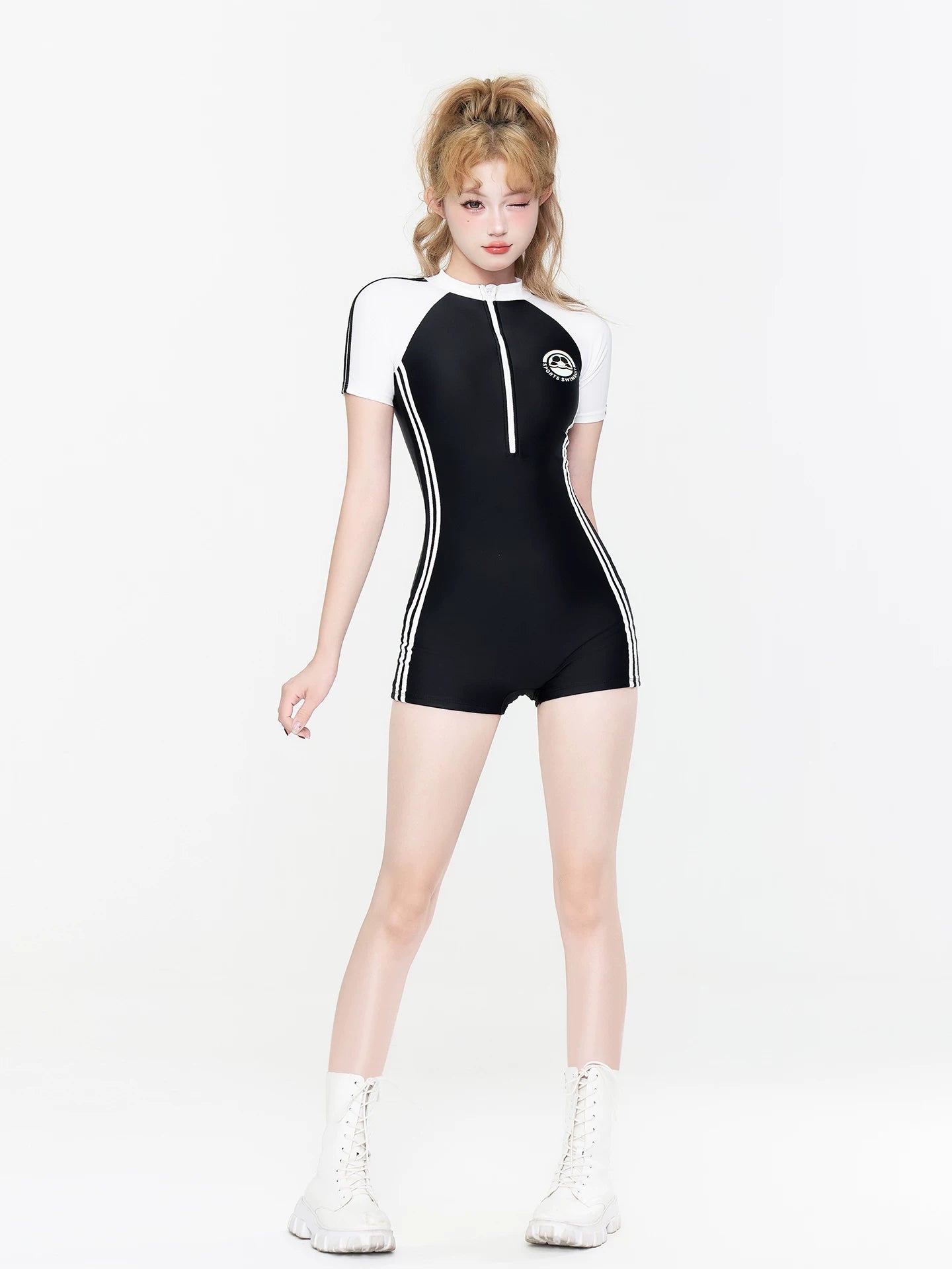 Varsity Crest Short-Sleeve Zip Surf Romper