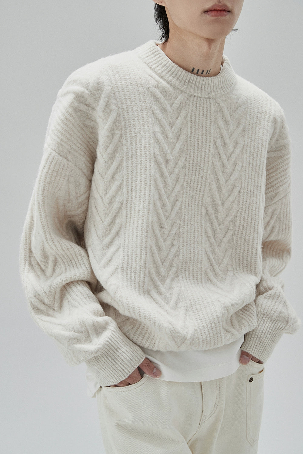 Cream Cable Knit Sweater with Chevron Pattern