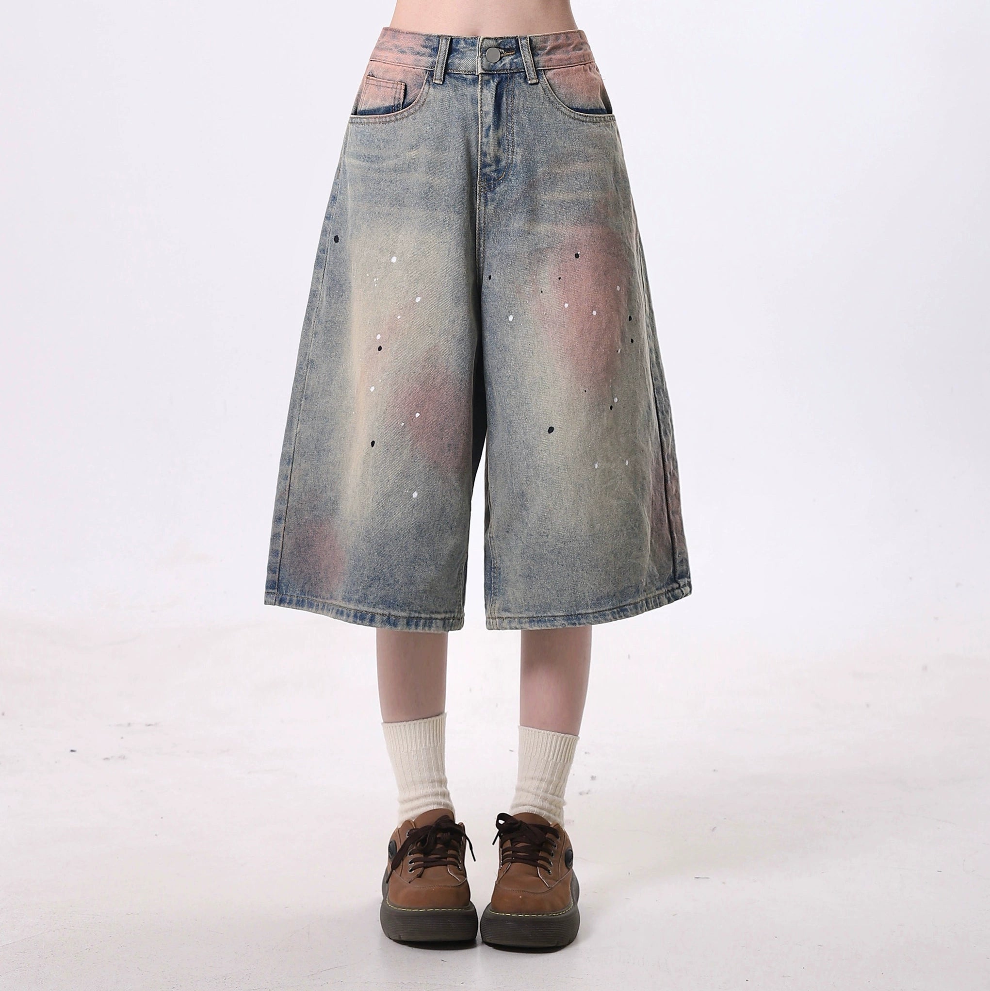 Distressed Denim Culottes with Pink Wash Effect