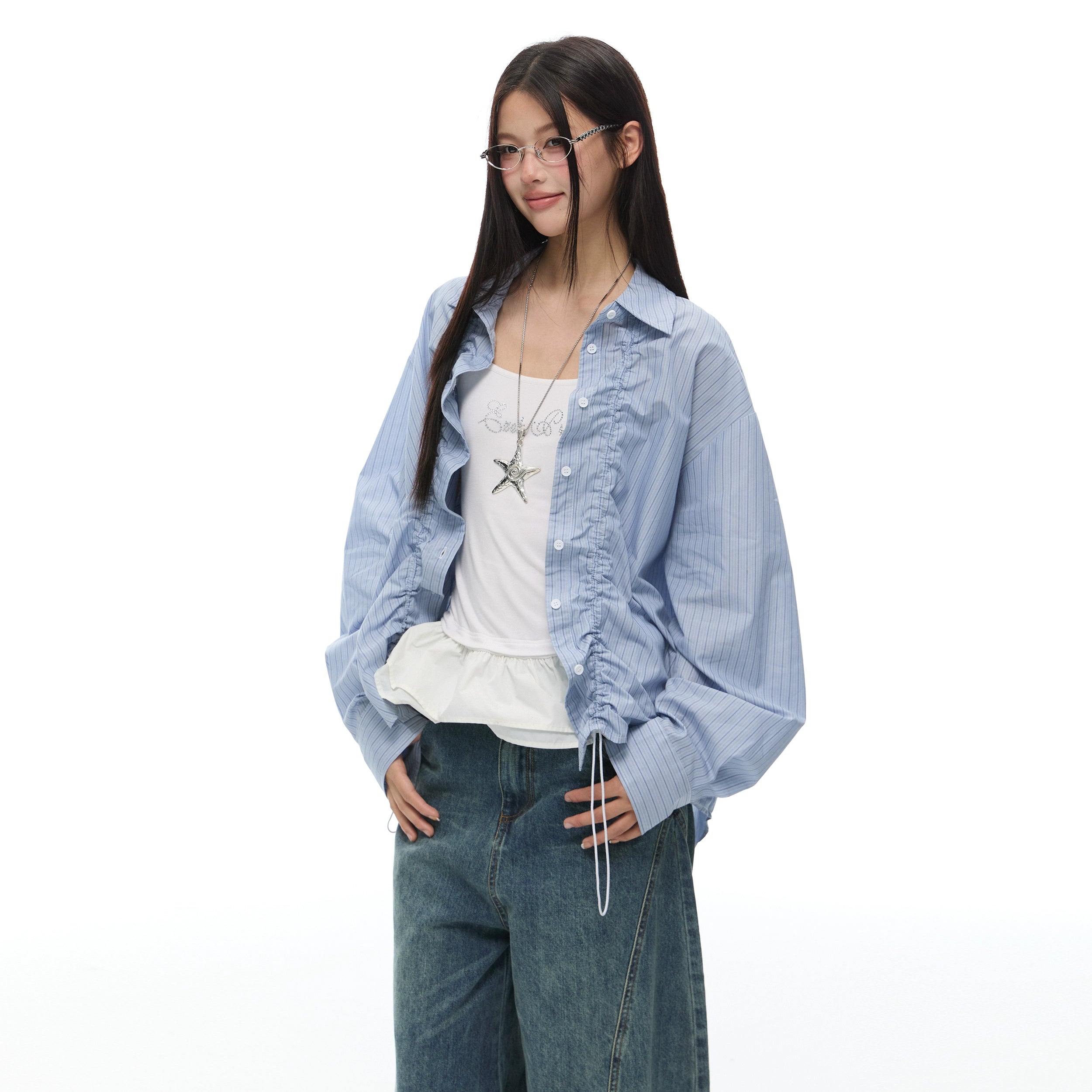 Ruffled Striped Oversized Shirt