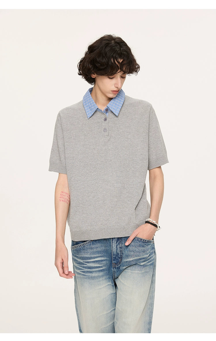 Contrast Plaid Collar Knit Polo Shirt