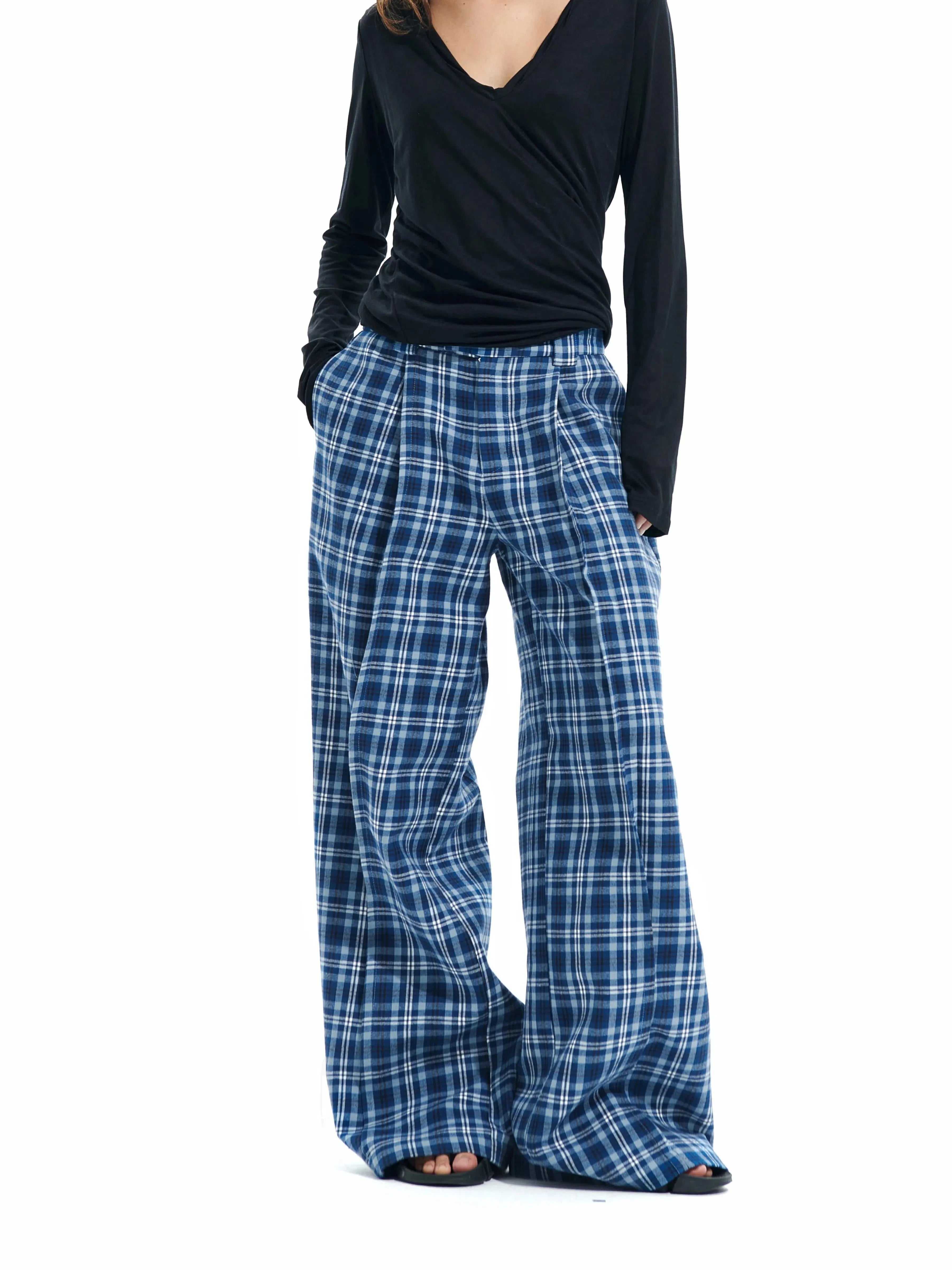 Plaid-Casu-Hosen mit weitem Bein