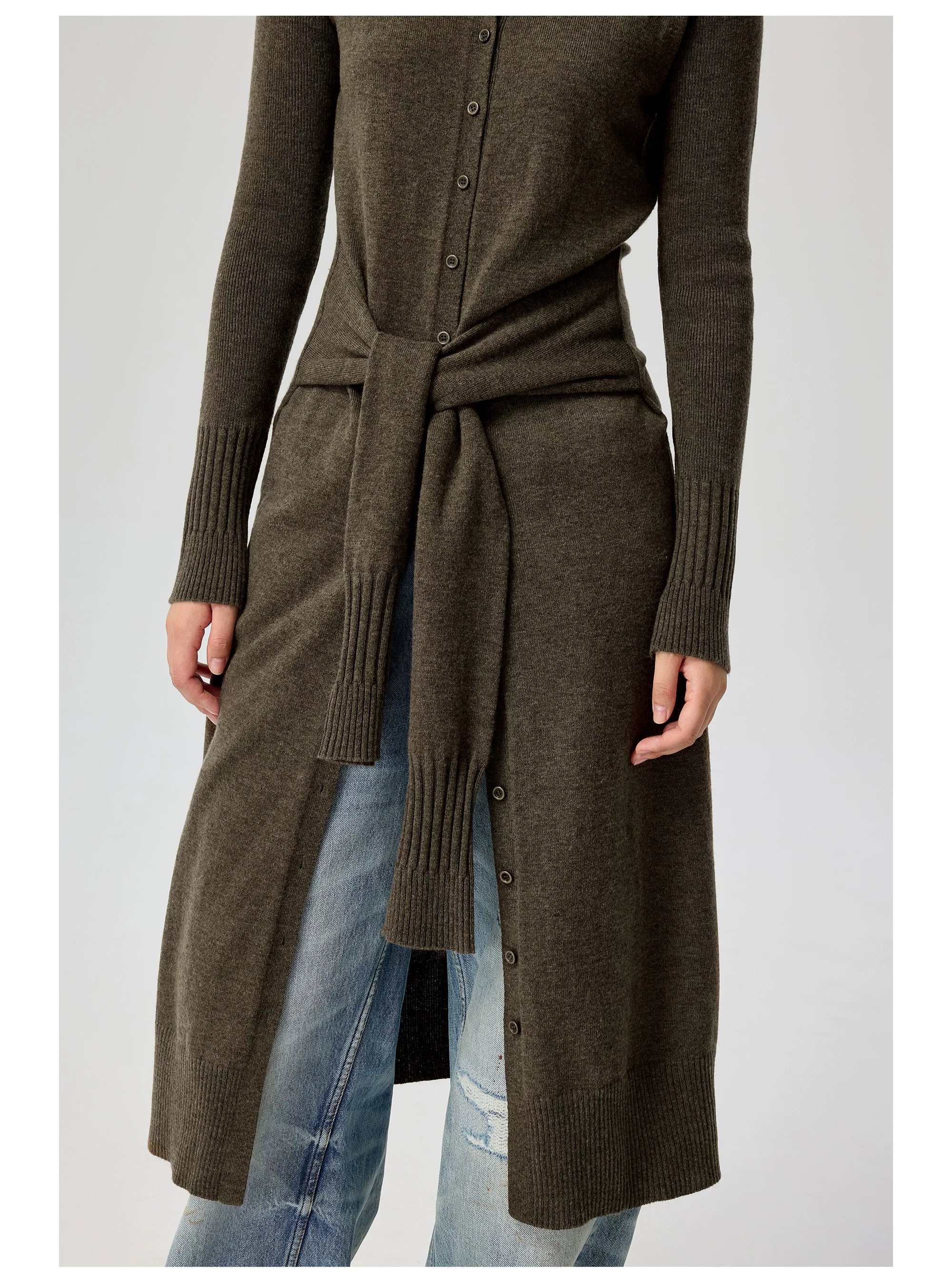 Button-Front Knit Midi Dress with Waist Tie