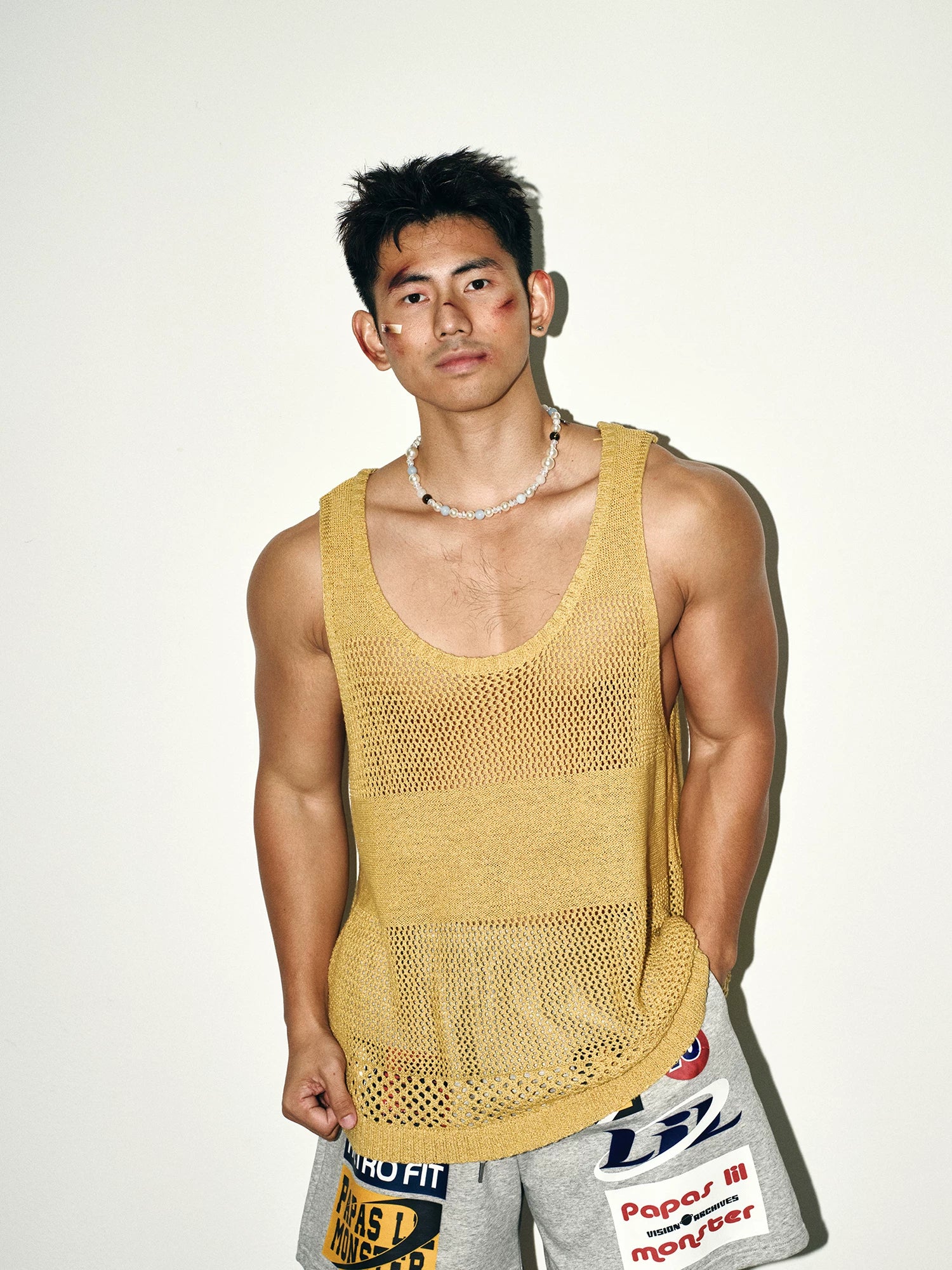 Honey Mustard Open-Knit Mesh Tank Top